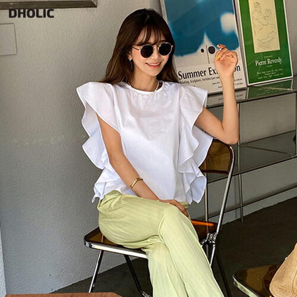 フリルスリーブブラウス・全3色・t63960 レディース 【bl】 トップス ブラウス フリル 袖コンシャス ショートスリーブ 大人 ガーリー 可愛い かわいい スリーブレス ノースリーブ 春 夏 韓国 ファッション