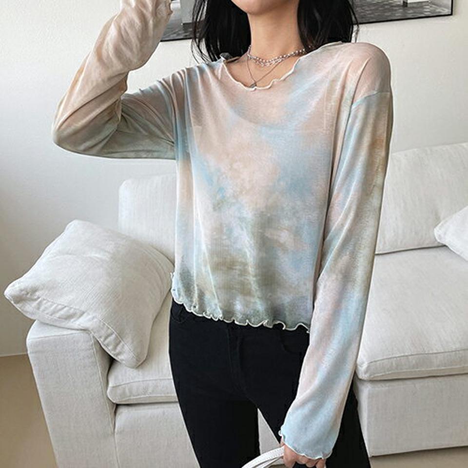 タイダイウェーブTシャツ・全3色・t00013 レディース 【tops】 トップス Tシャツ 長袖 タイダイ 柄 模様 ウェーブ カジュアル 透け感 シースルー シアー トレンド 春 夏 秋 韓国 ファッション NIJU