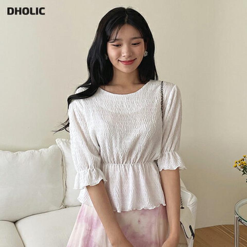 ウエストゴムリンクルブラウス・全3色・e00044 レディース 【bl】 トップス ブラウス ウエストゴム リンクル 可愛い かわいい ガーリー 半端丈 ハーフスリーブ 七分丈 七分袖 7分丈 7分袖 春 夏 韓国ファッション NIJU