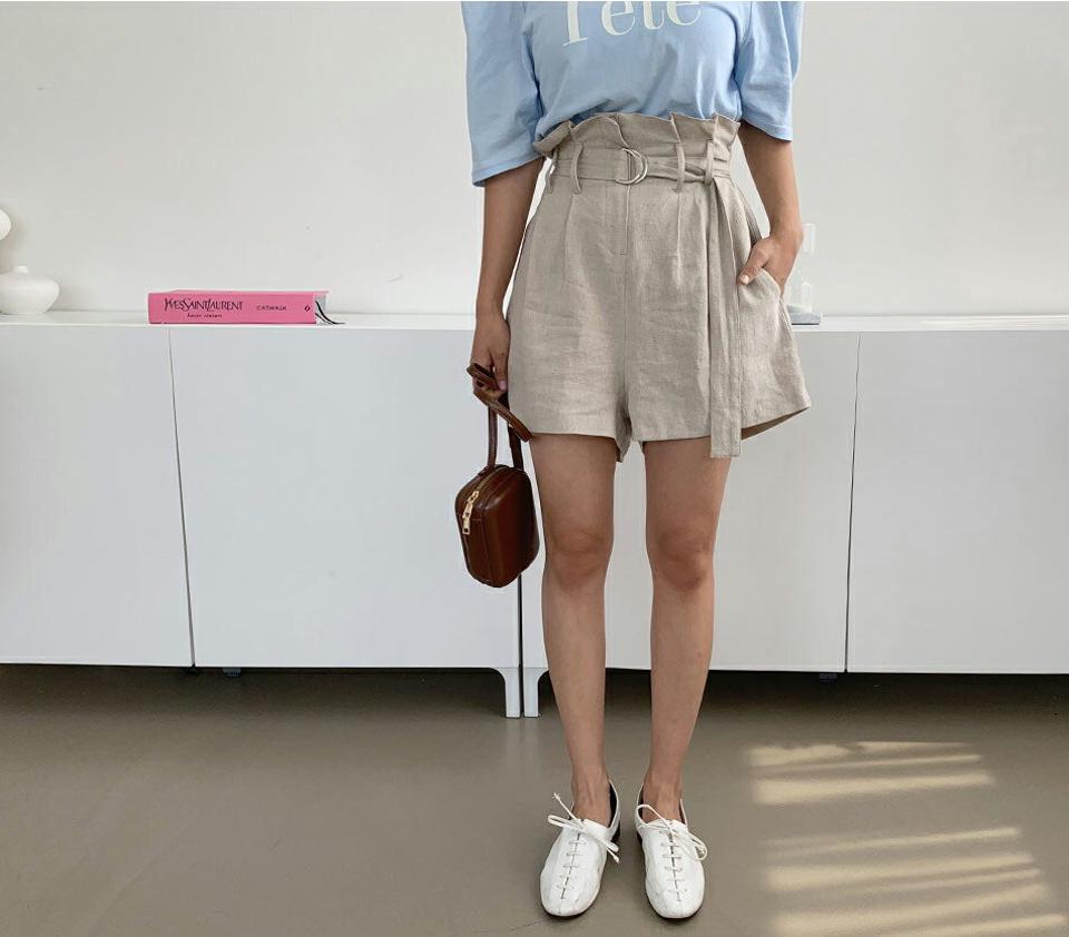 ベルト付リネン混ショートパンツ・全2色・t63970 レディース 【pt】 パンツ ズボン ショートパンツ 短パン リネン ベルト 単色 無地 シンプル ハイウエスト カジュアル 春 夏 韓国 ファッション