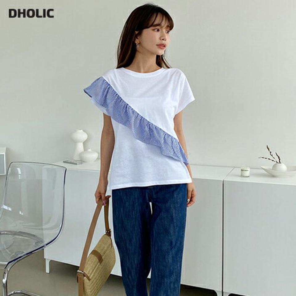 ダイアゴナルストライプTシャツ・全5色・b63956 レディース 【tops】 トップス Tシャツ 半袖 ダイアゴナル ストライプ柄 爽やか アンバランス カジュアル フリル 春 夏 韓国 ファッション