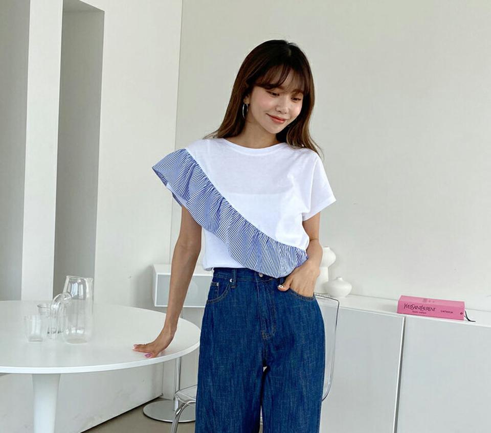 ダイアゴナルストライプTシャツ・全5色・b63956 レディース 【tops】 トップス Tシャツ 半袖 ダイアゴナル ストライプ柄 爽やか アンバランス カジュアル フリル 春 夏 韓国 ファッション
