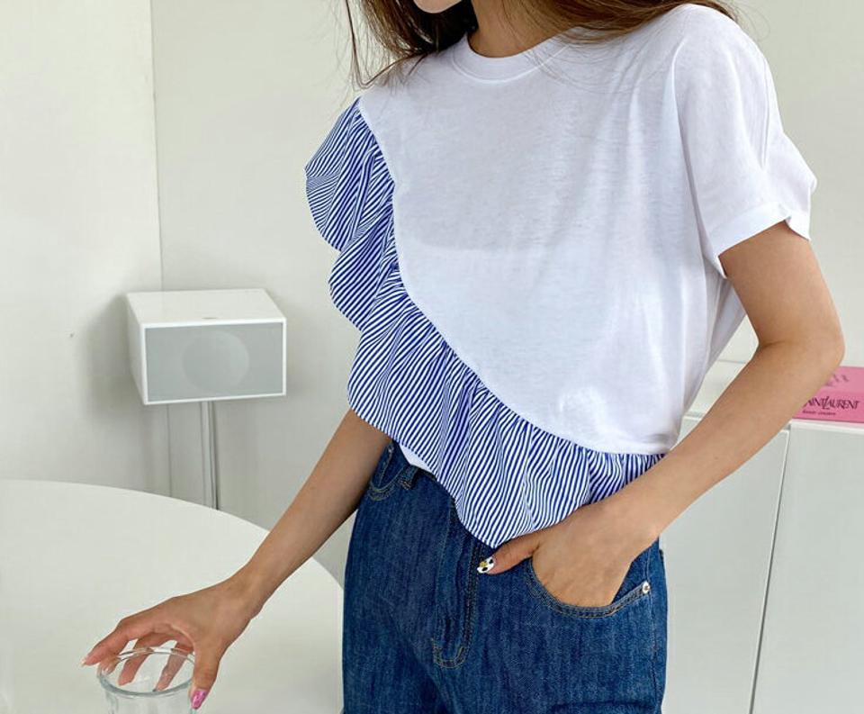 ダイアゴナルストライプTシャツ・全5色・b63956 レディース 【tops】 トップス Tシャツ 半袖 ダイアゴナル ストライプ柄 爽やか アンバランス カジュアル フリル 春 夏 韓国 ファッション