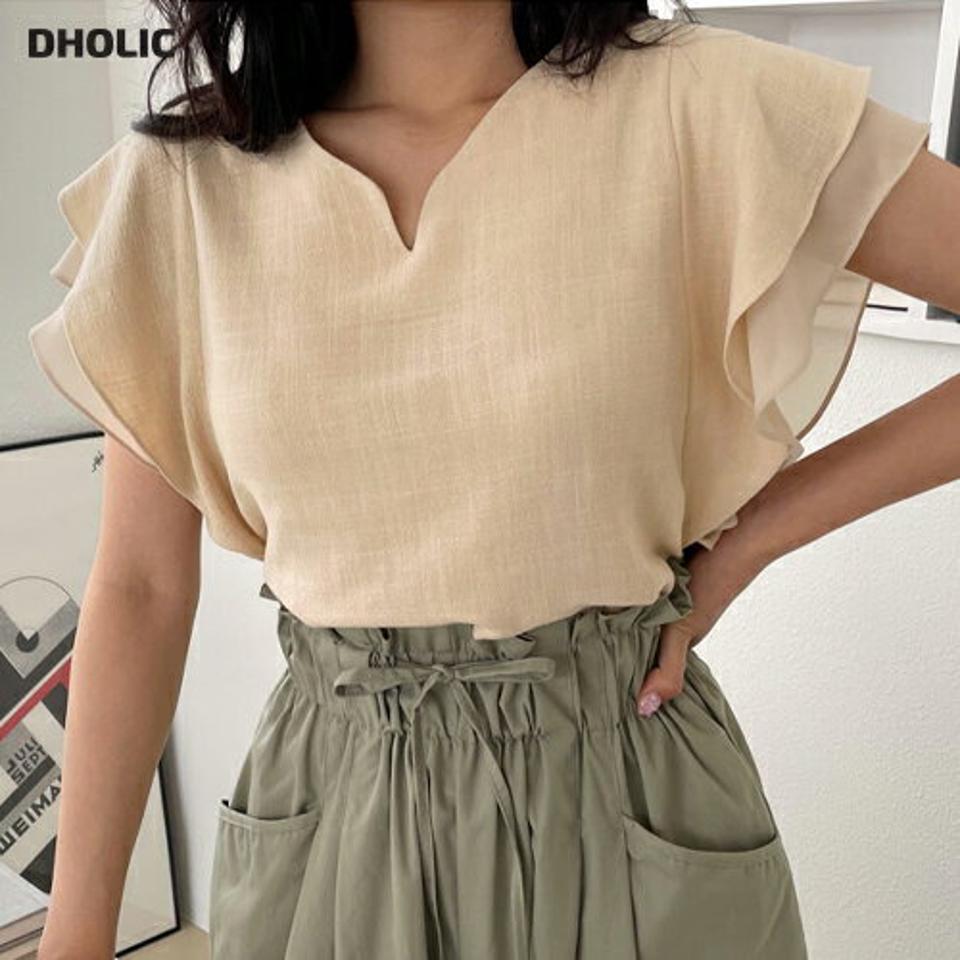 VネックフリルスリーブTシャツ・全3色・e00041 レディース 【tops】 トップス Tシャツ ショートスリーブ Vネック フリル リネン 単色 無地 シンプル 可愛い かわいい 二の腕カバー 春 夏 ベージュ 韓国ファッション NIJU