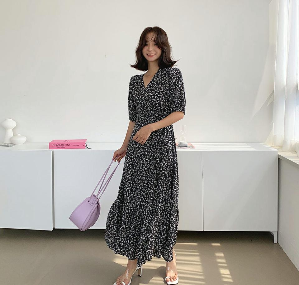 花柄リボンラップワンピース・全3色・t6396 レディース 【ops】 ワンピース 半袖 ハーフスリーブ ロング ラップデザイン 花柄 小花柄 りぼん Vネック 可愛い かわいい フェミニン 春 夏 韓国 ファッション