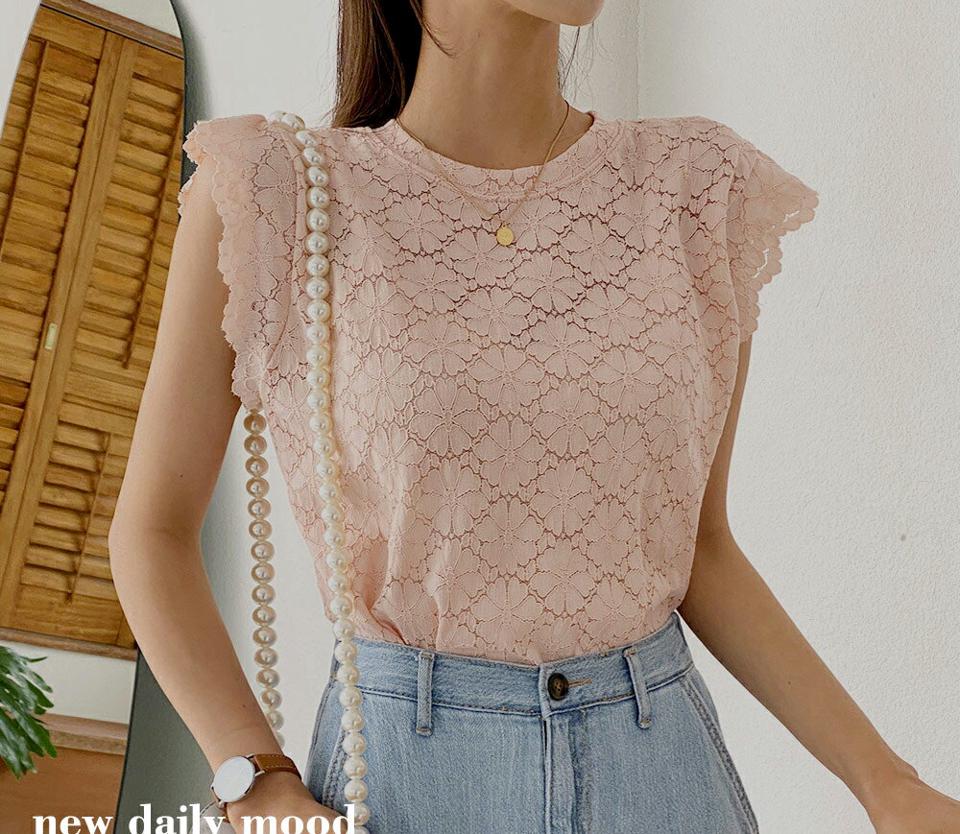 【全品10%OFF】レースフリルブラウス・全3色・t57492 レディース 【bl】【韓国 ファッション トップス ブラウス 半袖 大人 花柄 フラワー パターン レース フリル ボリューム 体型カバー スリム 細身 上品 フェミニン ガーリー 夏 春】