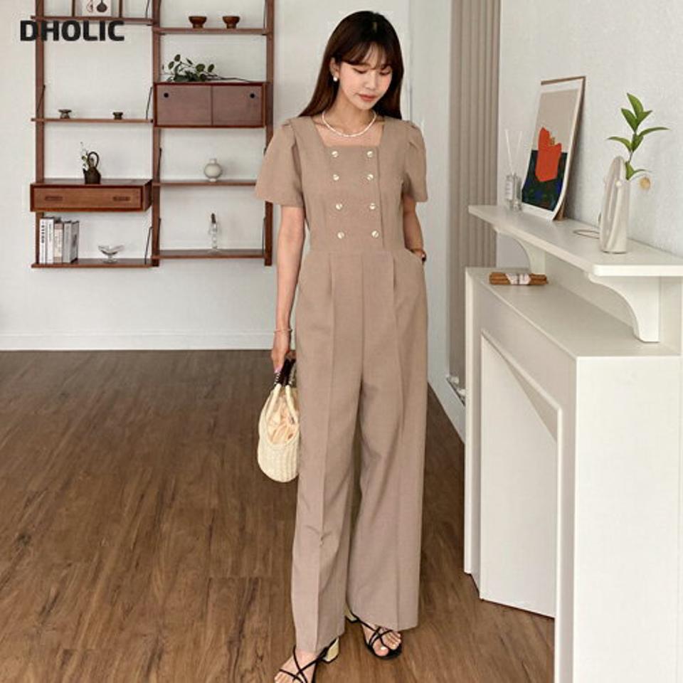 ダブルボタンオールインワン・全3色・t57560 レディース 【pt】 オールインワン パンツ ズボン ロングパンツ 半袖 ボタン スクエアネック 単色 無地 シンプル パフスリーブ パフ袖 かわいい ガーリー 春 夏 韓国 ファッション