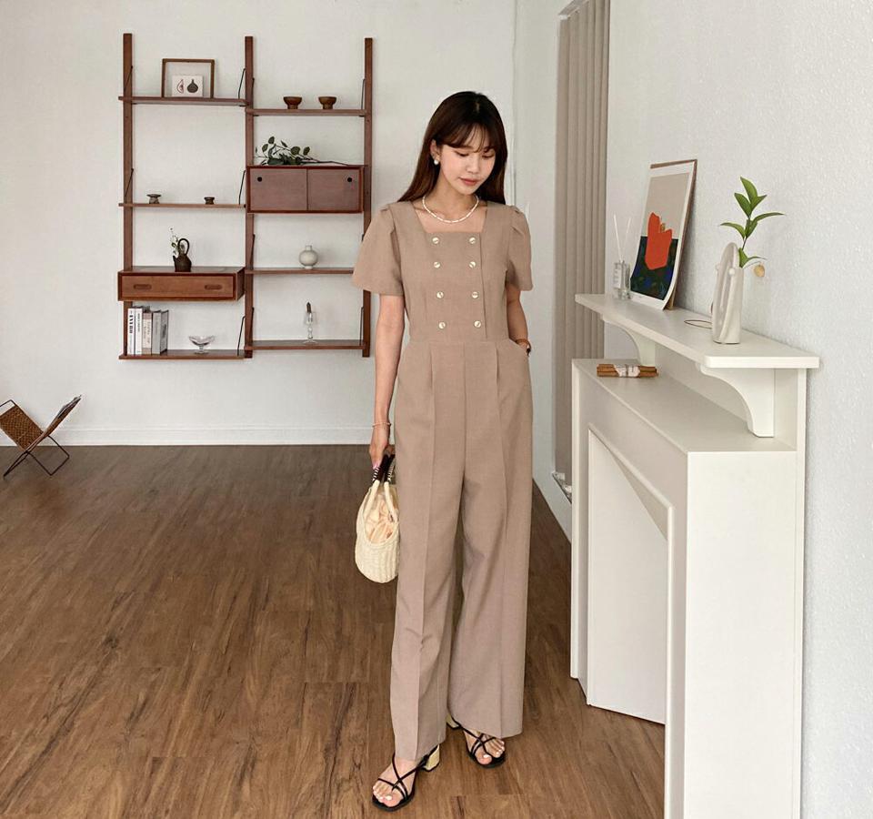 ダブルボタンオールインワン・全3色・t57560 レディース 【pt】 オールインワン パンツ ズボン ロングパンツ 半袖 ボタン スクエアネック 単色 無地 シンプル パフスリーブ パフ袖 かわいい ガーリー 春 夏 韓国 ファッション