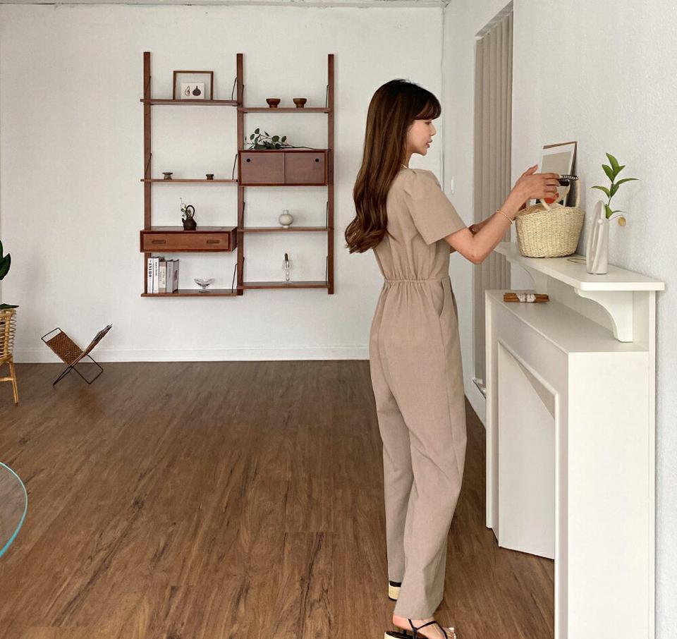 ダブルボタンオールインワン・全3色・t57560 レディース 【pt】 オールインワン パンツ ズボン ロングパンツ 半袖 ボタン スクエアネック 単色 無地 シンプル パフスリーブ パフ袖 かわいい ガーリー 春 夏 韓国 ファッション