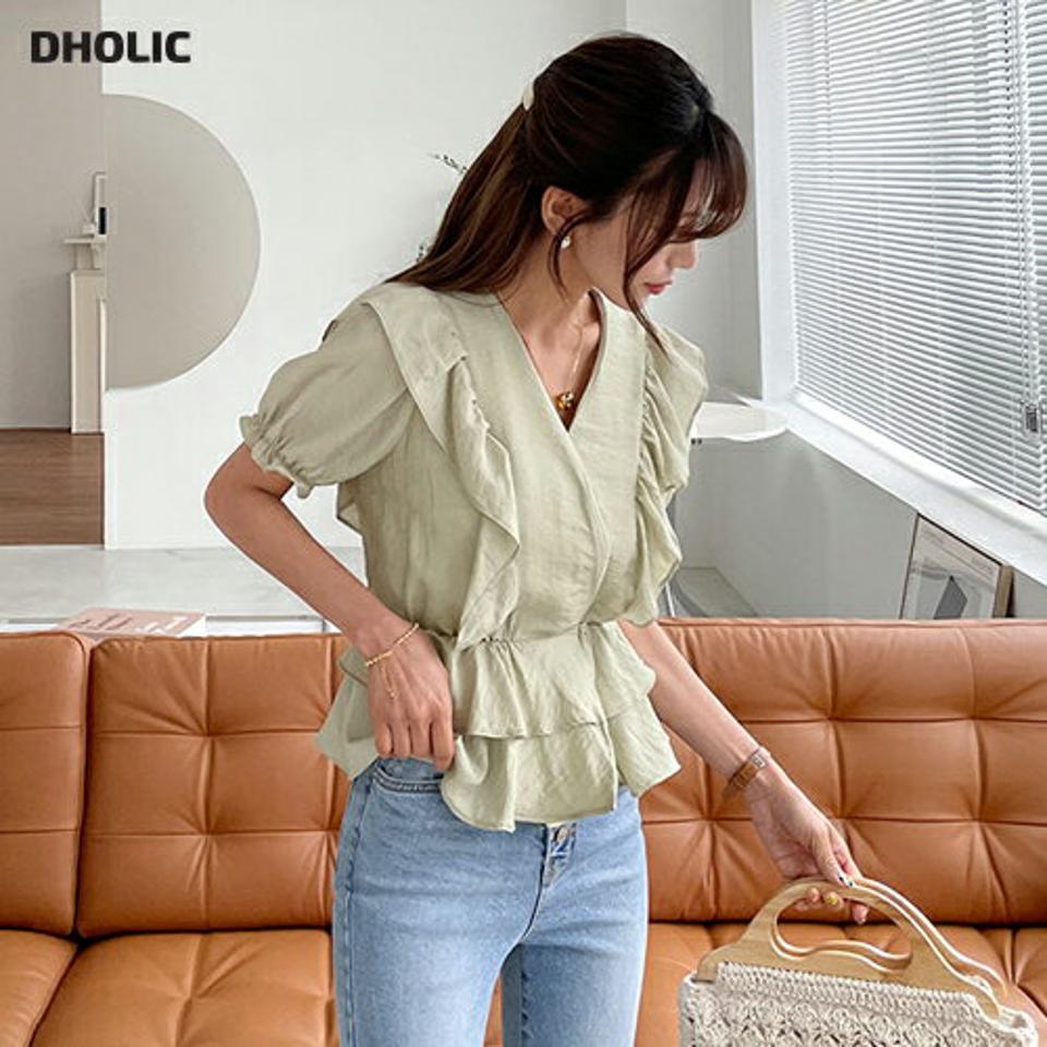 Vネックラップフリルブラウス・全4色・t57571 レディース 【bl】 トップス ブラウス 半袖 フリル Vネック ラップデザイン フェミニン 可愛い かわいい ガーリー 春 夏 韓国 ファッション