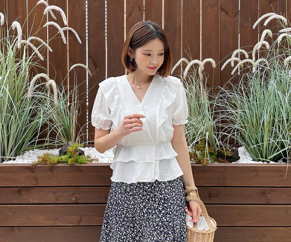 Vネックラップフリルブラウス・全4色・t57571 レディース 【bl】 トップス ブラウス 半袖 フリル Vネック ラップデザイン フェミニン 可愛い かわいい ガーリー 春 夏 韓国 ファッション
