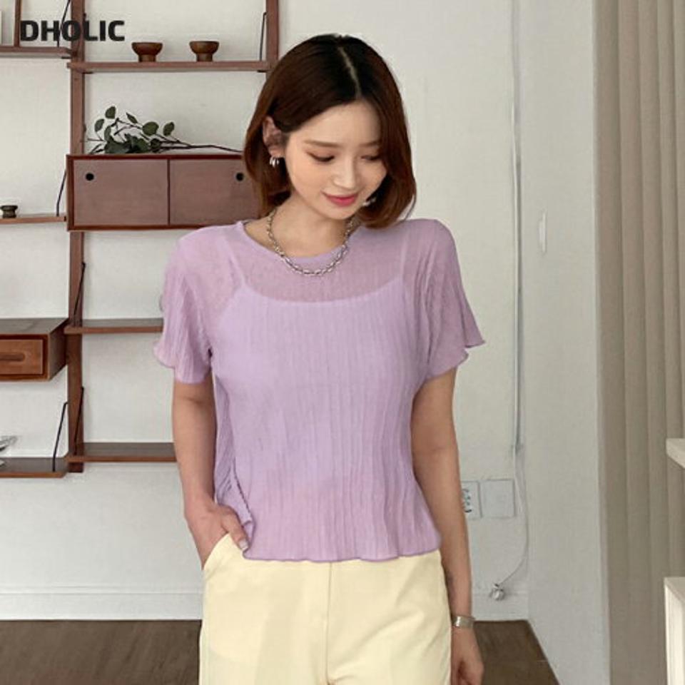 リブウェーブTシャツ・全4色・t57545 レディース 【tops】【トップス Tシャツ 半袖 リブ ウェーブ シンプル 透け感 シースルー シアー フェミニン かわいい 春 夏 韓国 ファッション】