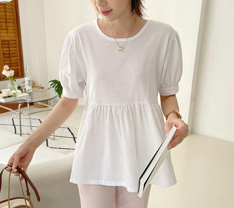 フリルネックリボンブラウス・全4色・t57520 レディース 【bl】 韓国 ファッション トップス ブラウス 半袖 大人 ラウンドネック リボン フレア 5分丈 パフスリーブ 体型カバー スリム 細身 上品 フェミニン ガーリー 夏 春