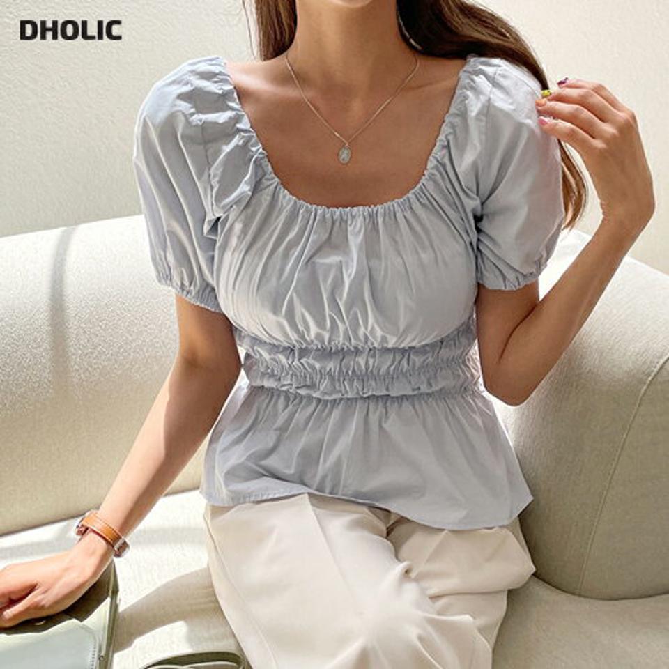 ゴムフレアブラウス・全4色・t57519 レディース 【bl】 韓国 ファッション トップス ブラウス 半袖 大人 ゴム ボリューム Uネック デコルテ 体型カバー スリム 細身 上品 フェミニン ガーリー フィット 夏 春