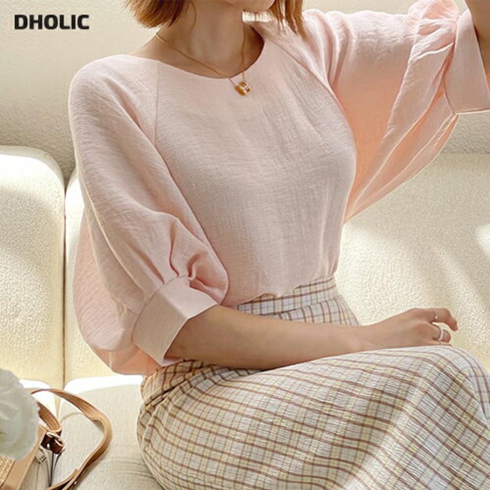 【全品10%OFF】ラグランリブブラウス・全4色・t57523 レディース 【bl】【韓国 ファッション トップス ブラウス 半袖 大人 リブ 7分丈 パフスリーブ ラグランスリーブ 無地 フェミニン ボリューム 体型カバー スリム 細身 夏 春】