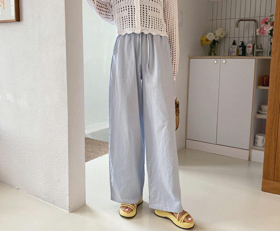 リネン混ドロストワイドパンツ・全5色・t57541 レディース 【pt】 韓国 ファッション ボトムス ロング ロングパンツ ベーシック スリム リネン ワイド 足長 ストレート 大人 10分丈 体型カーバー 細身 美脚 ストリング 夏 春