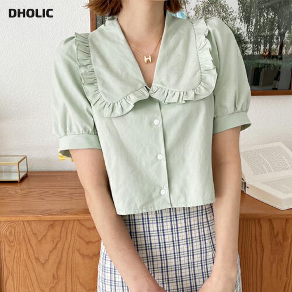 【全品10%OFF】ビッグカラークロップドブラウス・全4色・t57495 レディース 【bl】【韓国 ファッション トップス ブラウス 半袖 大人 小顔 クロップド丈 5分丈 パフスリーブ 体型カバー スリム 細身 上品 フェミニン ビッグカラー ガーリー 夏 春】