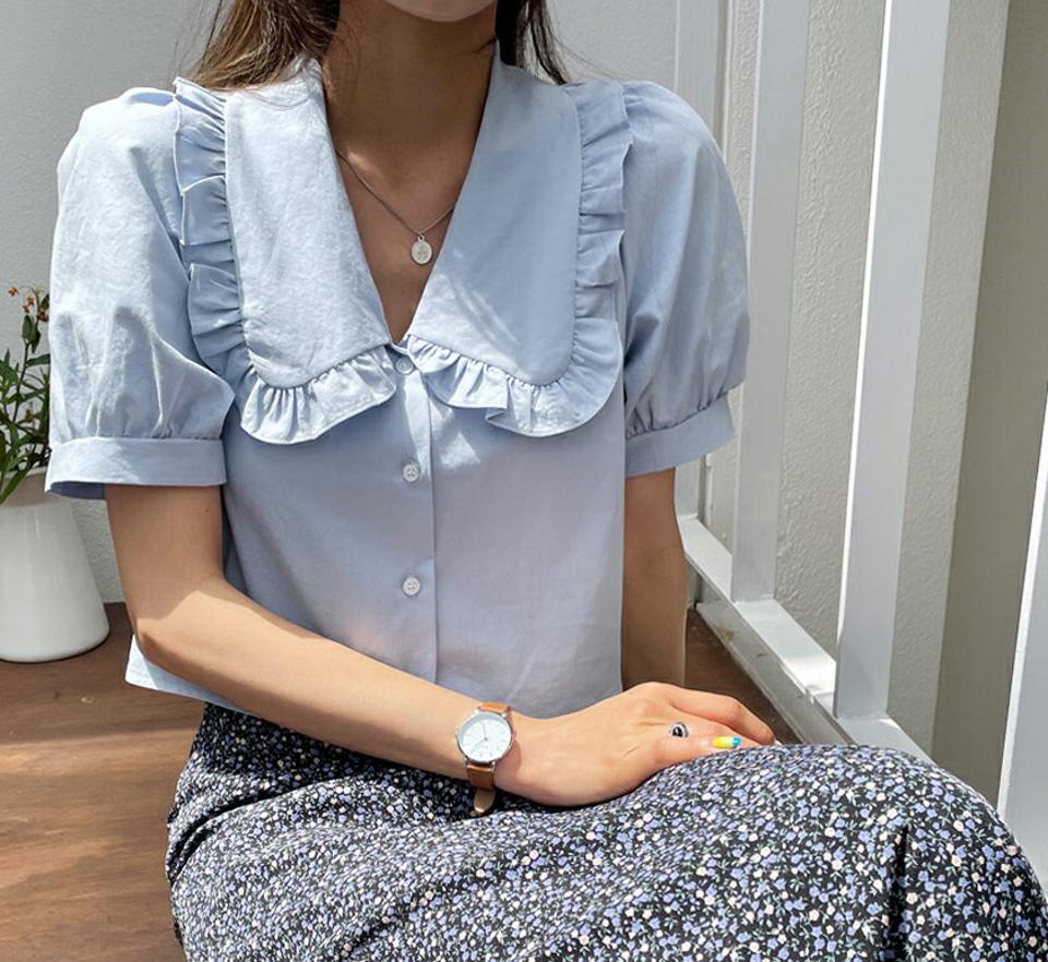 【全品10%OFF】ビッグカラークロップドブラウス・全4色・t57495 レディース 【bl】【韓国 ファッション トップス ブラウス 半袖 大人 小顔 クロップド丈 5分丈 パフスリーブ 体型カバー スリム 細身 上品 フェミニン ビッグカラー ガーリー 夏 春】