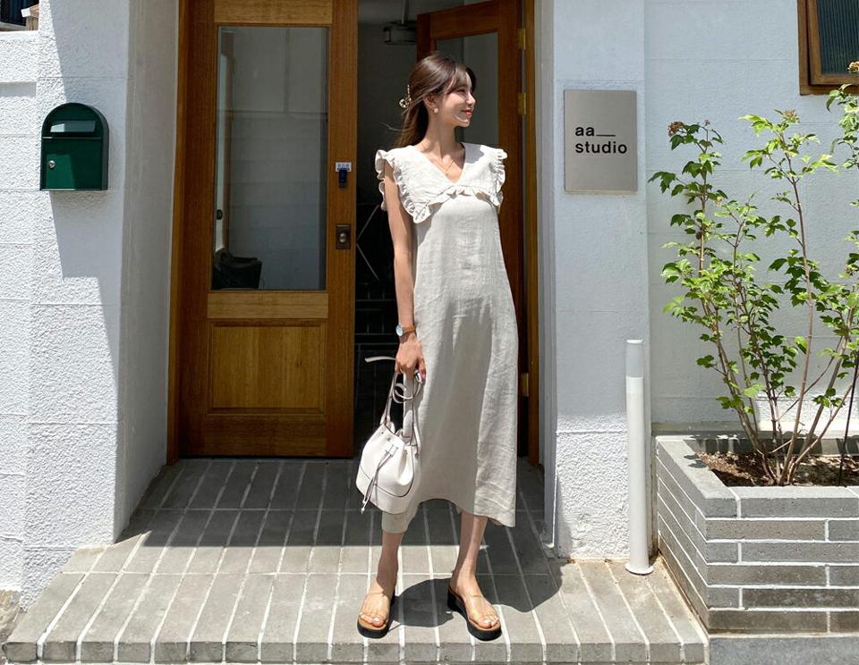 ビッグカラースリーブレスワンピース・全4色・b57517 レディース 【ops】 韓国 ファッション ワンピース ロング ロングワンピース フリル 小顔 スリーブレス Hライン 大人 フェミニン 体型カバー ノースリーブ カラー ビックカラー 夏 春
