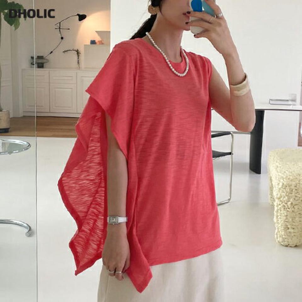 アシメラッフルTシャツ・全3色・b68927 レディース 【tops】 トップス Tシャツ アシメ アンバランス ラッフル フリル 単色 カジュアル かわいい ルーズ 春 夏 韓国 ファッション ハイホリHIHOLLI