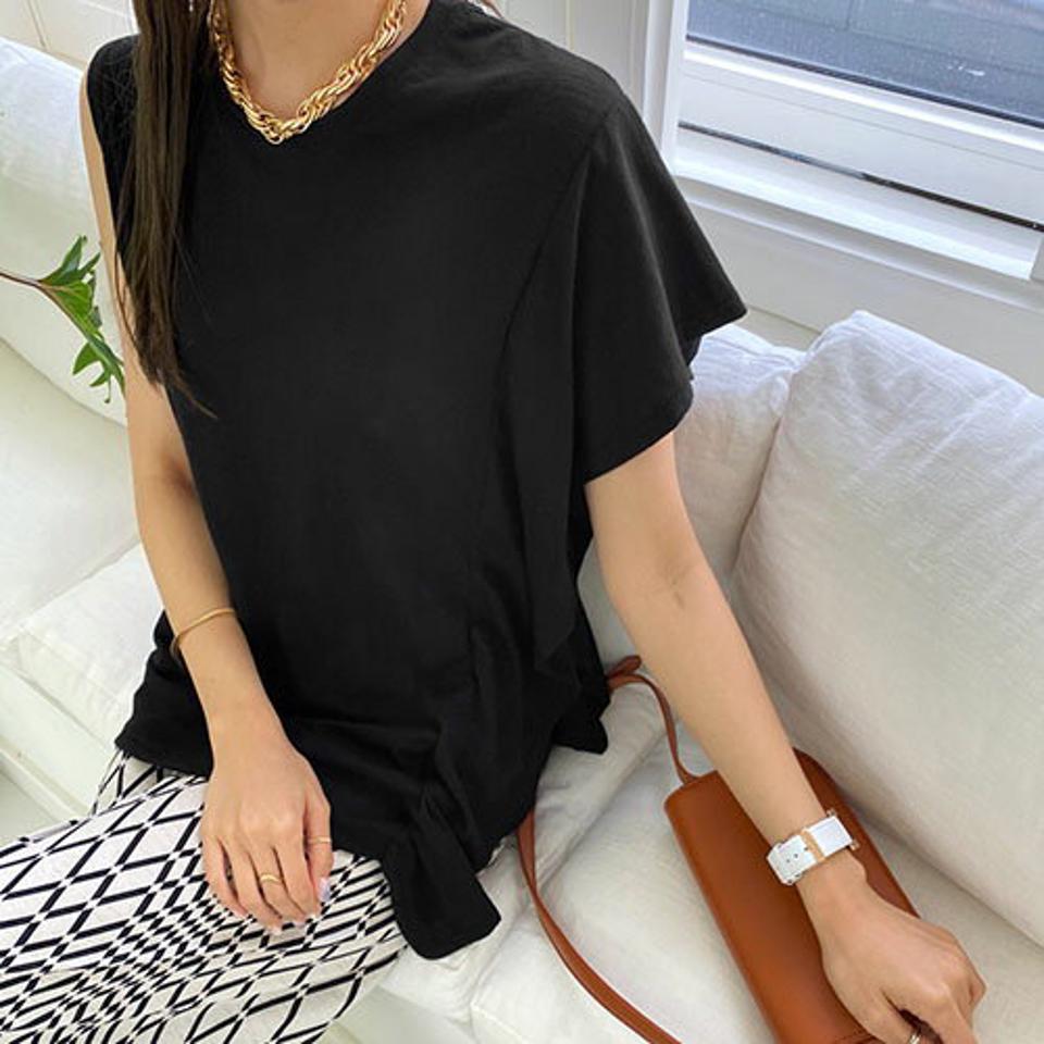 アシメラッフルTシャツ・全3色・b68927 レディース 【tops】 トップス Tシャツ アシメ アンバランス ラッフル フリル 単色 カジュアル かわいい ルーズ 春 夏 韓国 ファッション ハイホリHIHOLLI