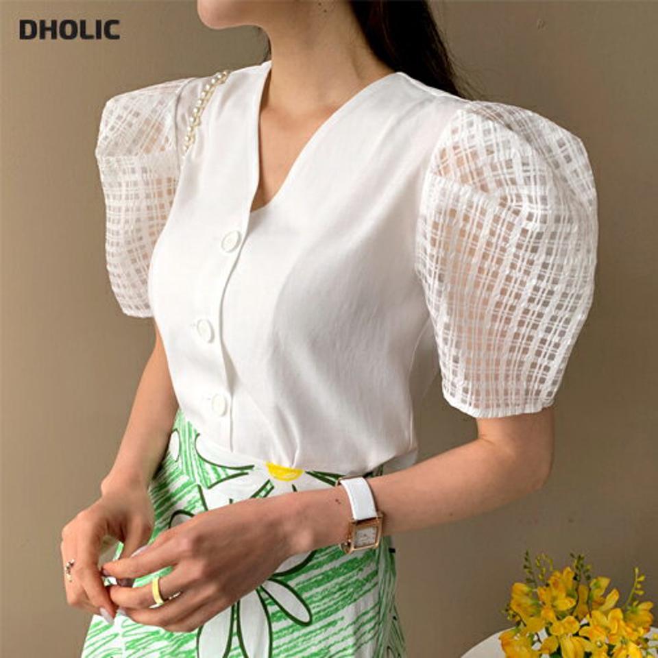 チェックスリーブブラウス・全2色・b65495 レディース 【bl】 トップス ブラウス 半袖 ハーフスリーブ パフ袖 パフスリーブ 透け感 シアー シースルー チェック柄 ガーリー 可愛い かわいい 春 夏 韓国 ファッション