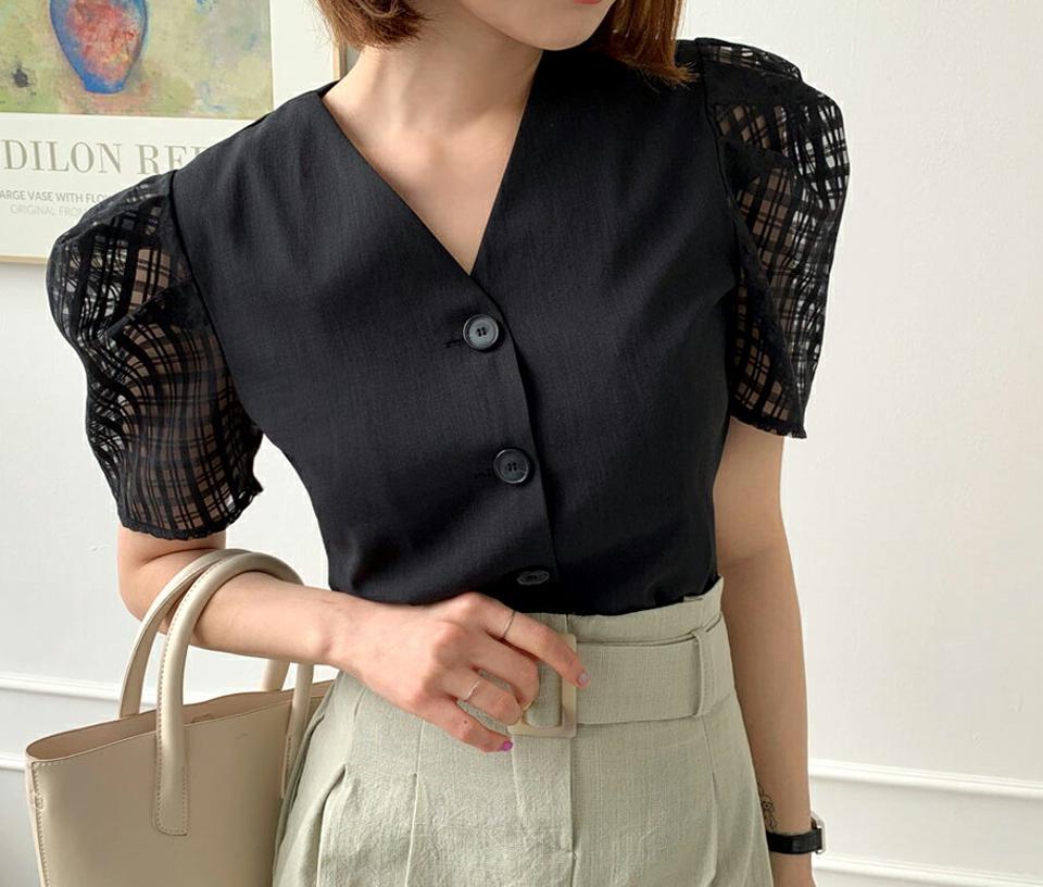 チェックスリーブブラウス・全2色・b65495 レディース 【bl】 トップス ブラウス 半袖 ハーフスリーブ パフ袖 パフスリーブ 透け感 シアー シースルー チェック柄 ガーリー 可愛い かわいい 春 夏 韓国 ファッション