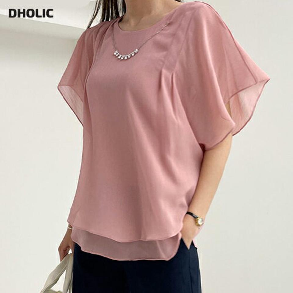 ネックレス付シフォンブラウス・全3色・t68934 レディース 【bl】 トップス ブラウス 半袖 ハーフスリーブ シフォン 透け感 シアー シースルー フェミニン 大人 上品 ネックレス 春 夏 韓国 ファッション ハイホリHIHOLLI