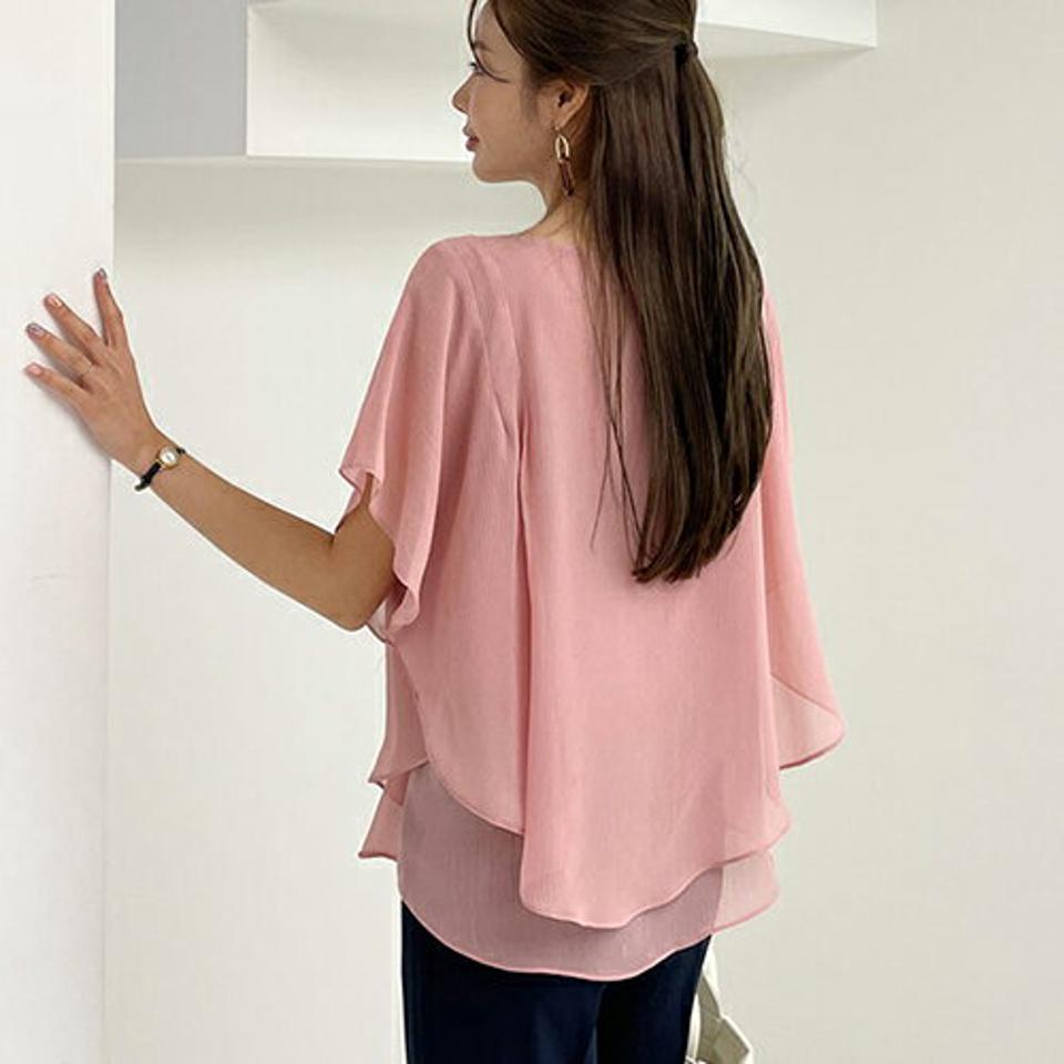 ネックレス付シフォンブラウス・全3色・t68934 レディース 【bl】 トップス ブラウス 半袖 ハーフスリーブ シフォン 透け感 シアー シースルー フェミニン 大人 上品 ネックレス 春 夏 韓国 ファッション ハイホリHIHOLLI