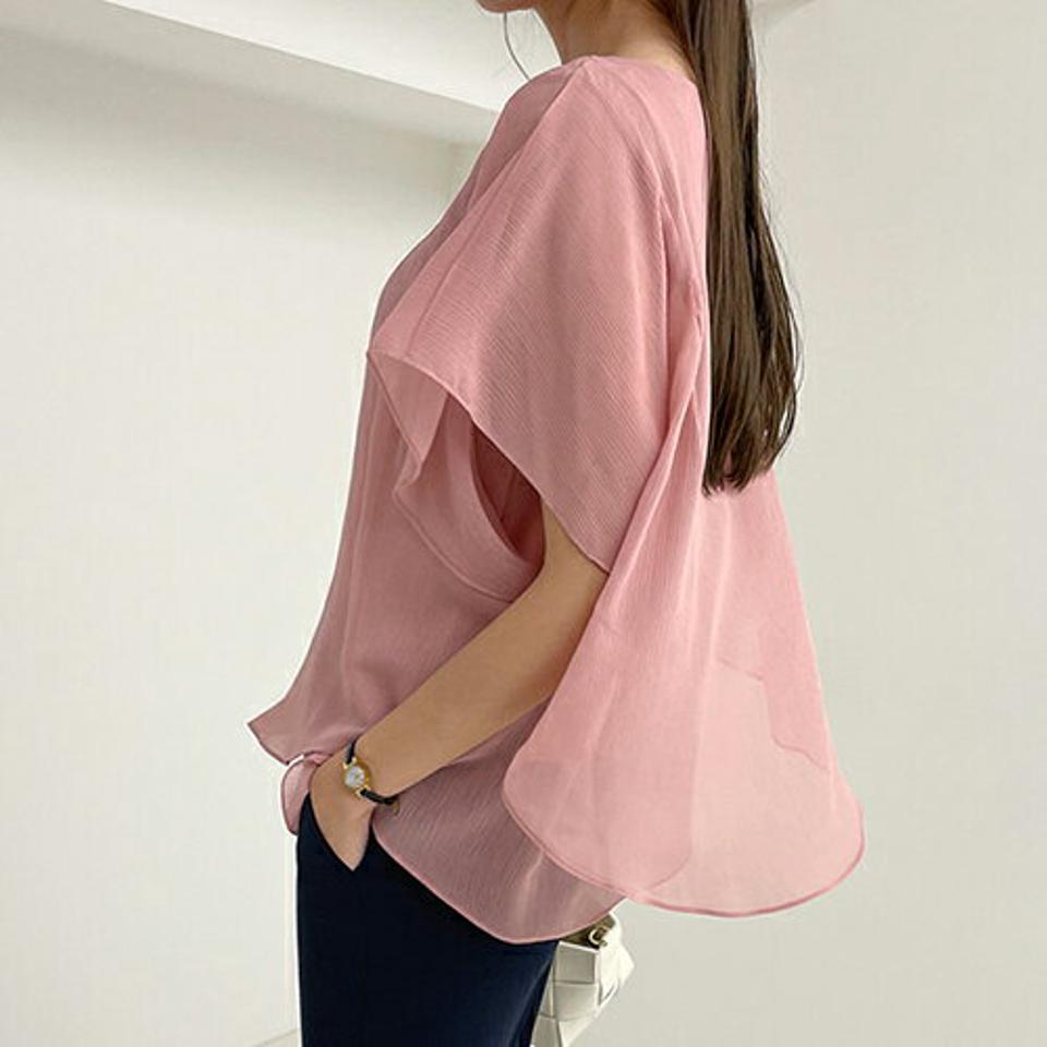 ネックレス付シフォンブラウス・全3色・t68934 レディース 【bl】 トップス ブラウス 半袖 ハーフスリーブ シフォン 透け感 シアー シースルー フェミニン 大人 上品 ネックレス 春 夏 韓国 ファッション ハイホリHIHOLLI