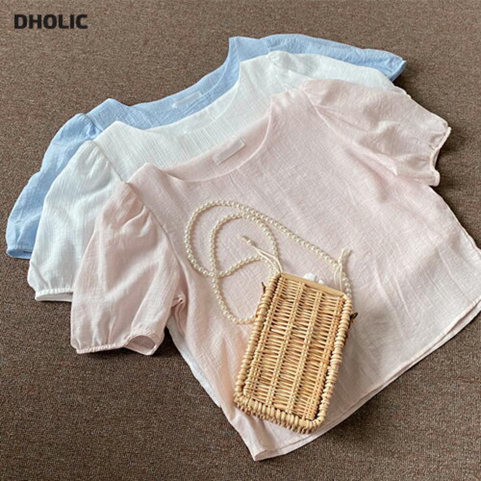 即日配送【只今30%OFF】リネン混パフブラウス・全3色・t65493 レディース 【bl】 トップス ブラウス 半袖 パフ袖 パフスリーブ リネン 単色 無地 シンプル かわいい 春 夏 韓国ファッション