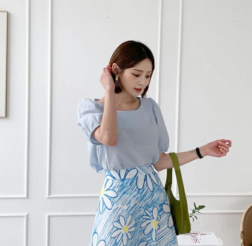 即日配送【只今30%OFF】リネン混パフブラウス・全3色・t65493 レディース 【bl】 トップス ブラウス 半袖 パフ袖 パフスリーブ リネン 単色 無地 シンプル かわいい 春 夏 韓国ファッション