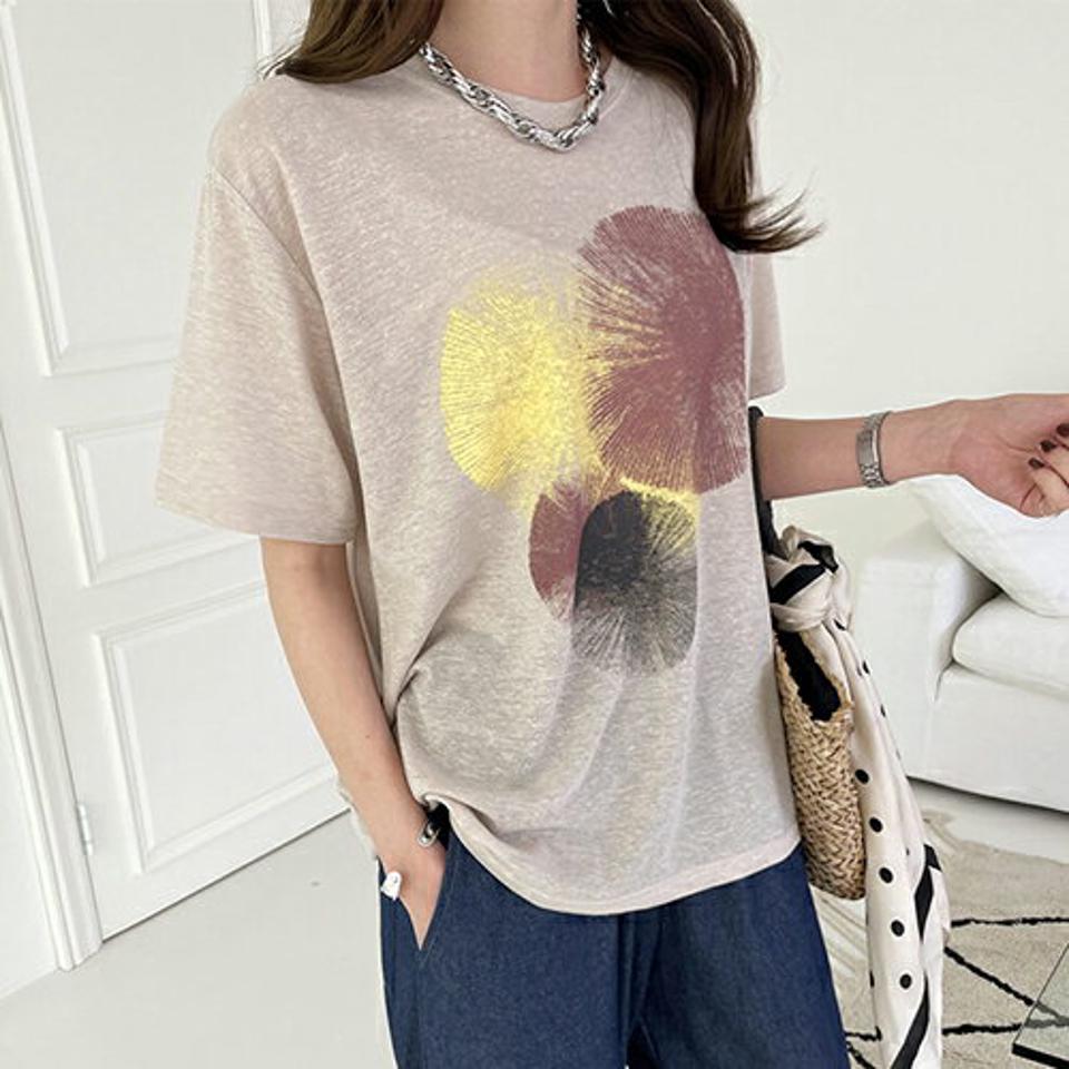 リネン混プリントTシャツ・全4色・b68925 レディース 【tops】 トップス Tシャツ 半袖 ハーフスリーブ プリント リネン カジュアル ラフ 春 夏 韓国 ファッション ハイホリHIHOLLI