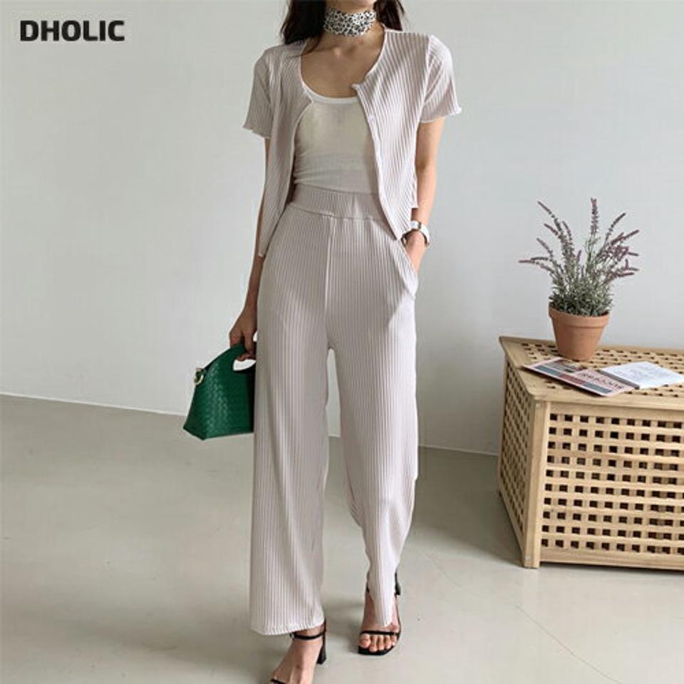 リブ配色カーディガン&パンツSET・全3色・t65501 レディース 【pt】 セットアップ setup トップス カーディガン 半袖 パンツ ズボン ロングパンツ リブ 単色 シンプル カジュアル 春 夏 韓国 ファッション