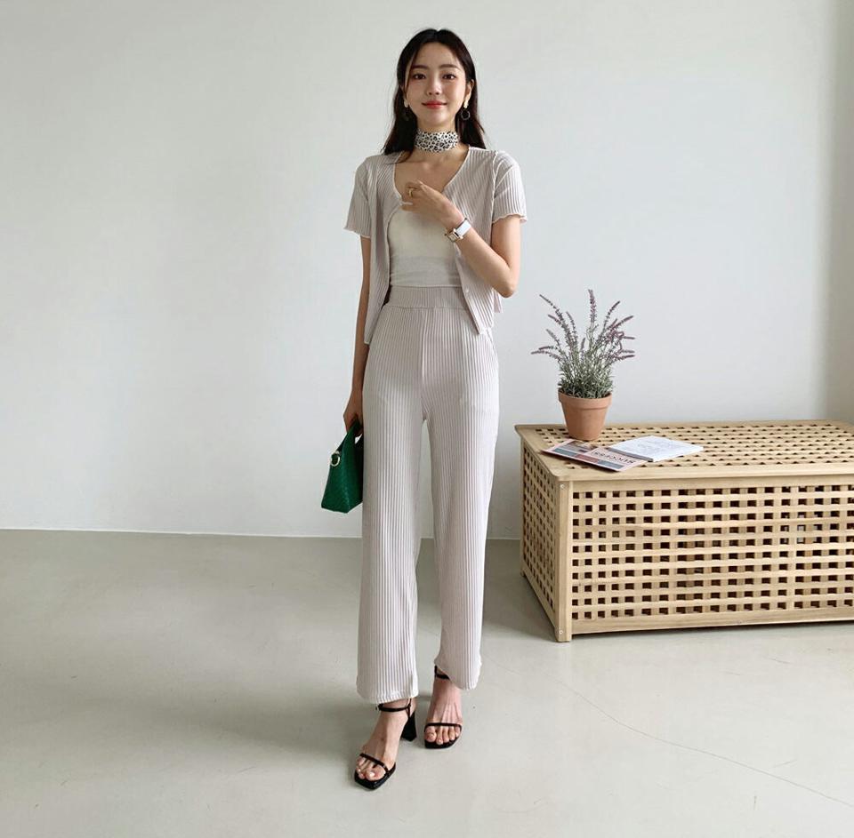 リブ配色カーディガン&パンツSET・全3色・t65501 レディース 【pt】 セットアップ setup トップス カーディガン 半袖 パンツ ズボン ロングパンツ リブ 単色 シンプル カジュアル 春 夏 韓国 ファッション