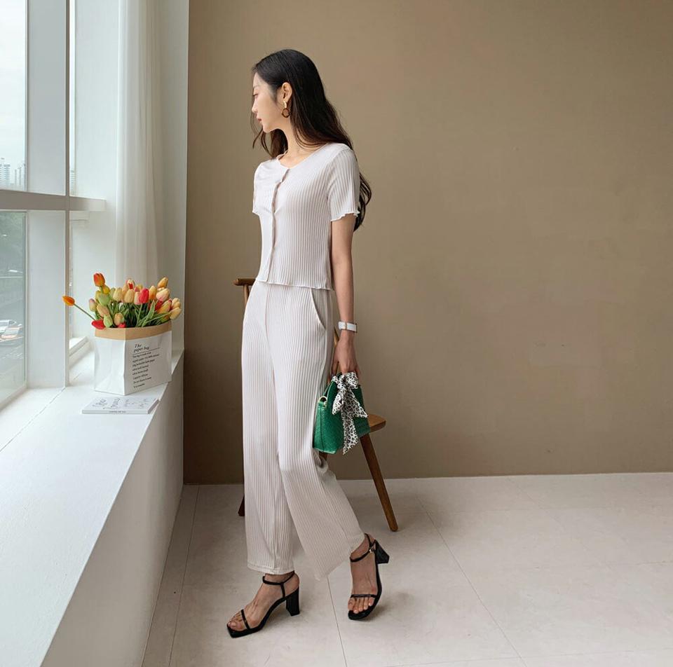 リブ配色カーディガン&パンツSET・全3色・t65501 レディース 【pt】 セットアップ setup トップス カーディガン 半袖 パンツ ズボン ロングパンツ リブ 単色 シンプル カジュアル 春 夏 韓国 ファッション