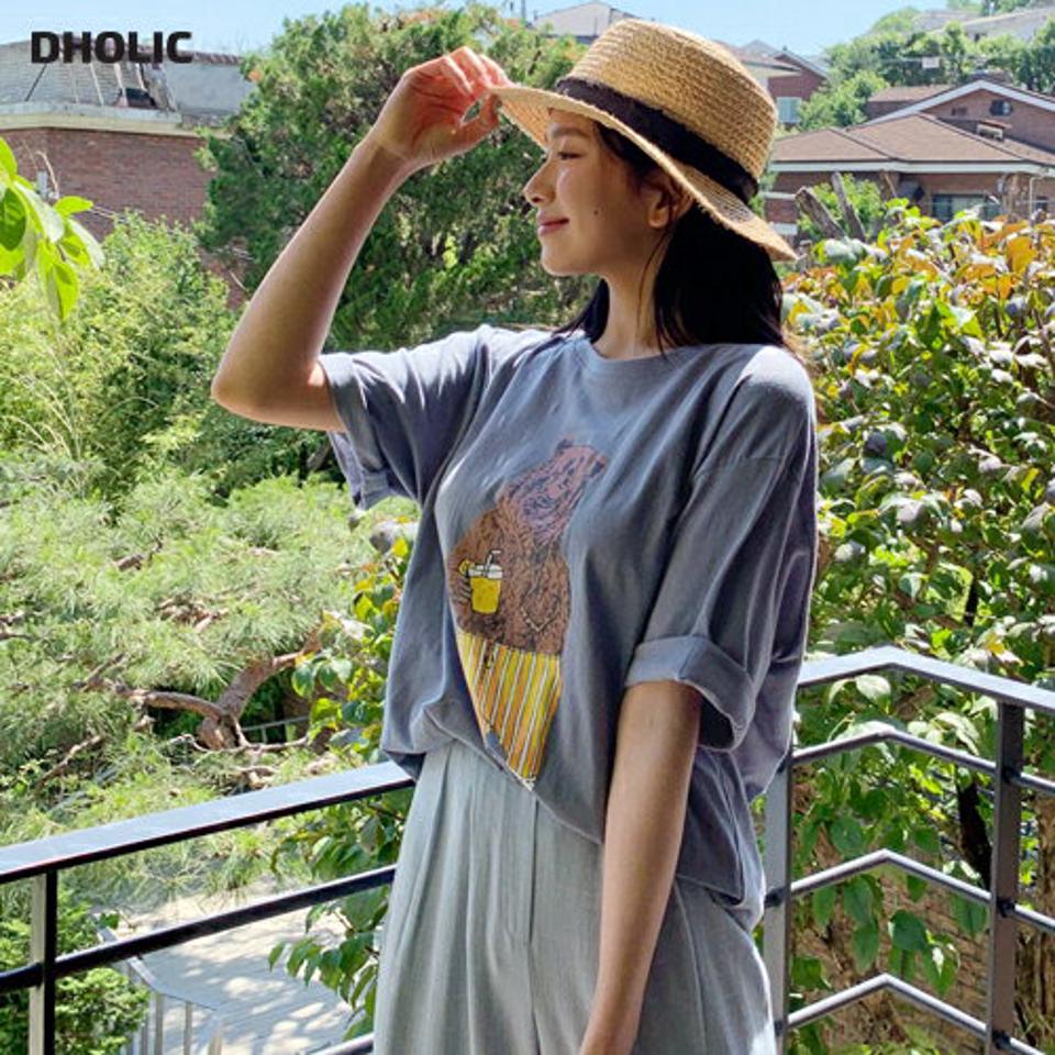 【全品10%OFF】ベアプリントTシャツ・全3色・t64332 レディース 【tops】【トップス Tシャツ 半袖 ハーフスリーブ プリント ユニーク カジュアル ラフ 春 夏 韓国 ファッション】【NIJU】