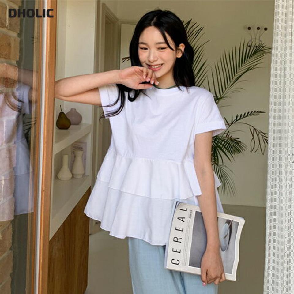即日配送【只今30%OFF】ラウンドネックティアードTシャツ・全3色・b64329 レディース 【tops】 トップス Tシャツ 半袖 ラウンドネック ティアード 単色 無地 シンプル フェミニン 体型カバー 異素材 春 夏 韓国ファッション NIJU