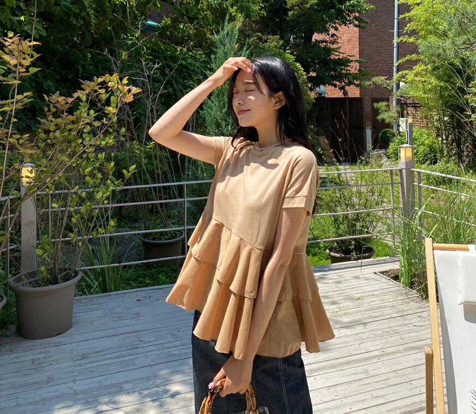 即日配送【只今30%OFF】ラウンドネックティアードTシャツ・全3色・b64329 レディース 【tops】 トップス Tシャツ 半袖 ラウンドネック ティアード 単色 無地 シンプル フェミニン 体型カバー 異素材 春 夏 韓国ファッション NIJU