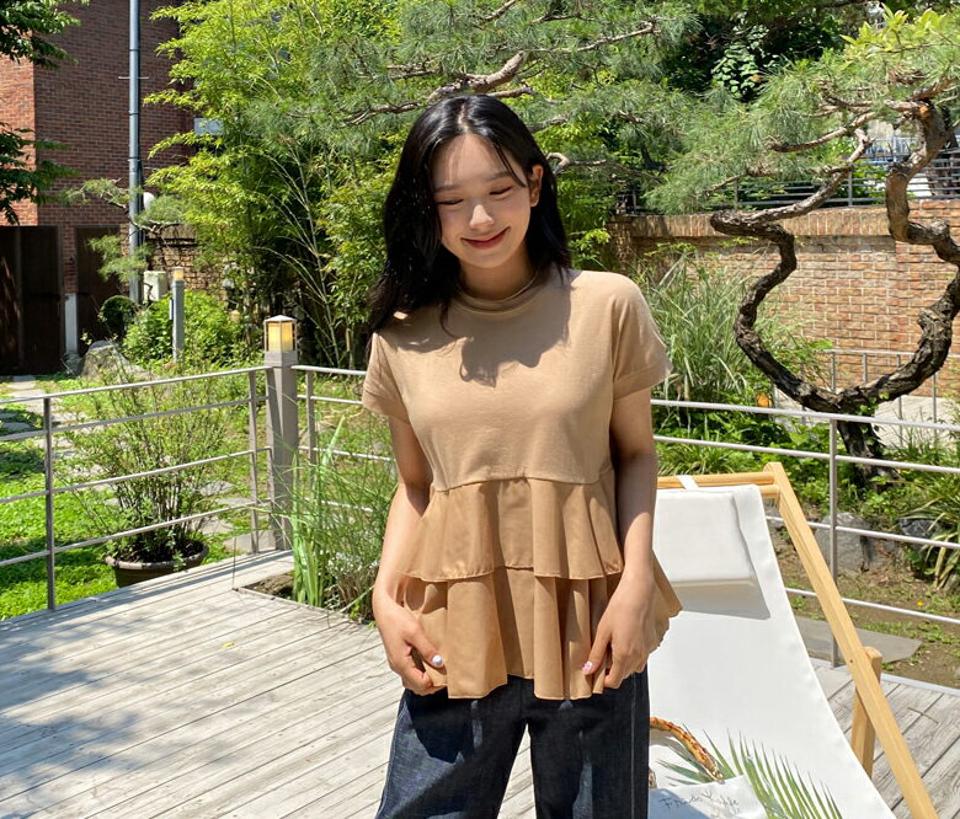 即日配送【只今30%OFF】ラウンドネックティアードTシャツ・全3色・b64329 レディース 【tops】 トップス Tシャツ 半袖 ラウンドネック ティアード 単色 無地 シンプル フェミニン 体型カバー 異素材 春 夏 韓国ファッション NIJU
