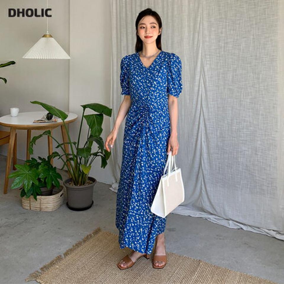 Vネック花柄ギャザーワンピース・全2色・t65331 レディース 【ops】 ワンピース ロング 半袖 ハーフスリーブ 花柄 フラワー Vネック フェミニン 可愛い かわいい 春 夏 韓国 ファッション