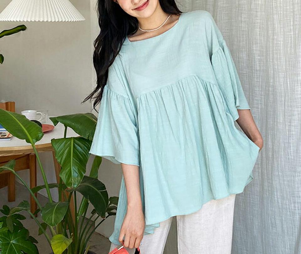 【全品10%OFF】ラウンドネックギャザーブラウス・全3色・t64333 レディース 【bl】【トップス ブラウス 半端丈 七分丈 七分袖 7分丈 7分袖 ラウンドネック ギャザー 単色 無地 シンプル かわいい 可愛い 春 夏 秋 韓国 ファッション】【NIJU】