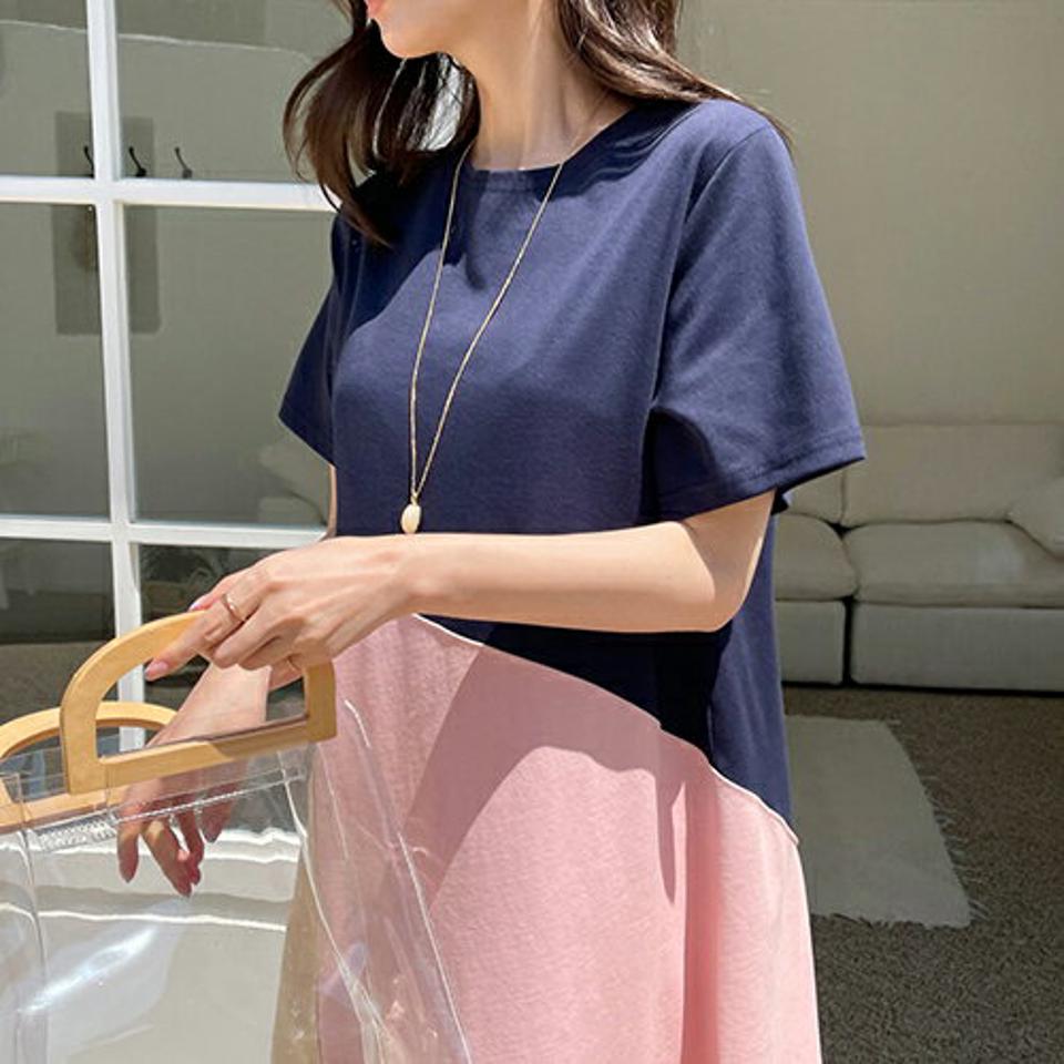 【タイム特価】配色フレアワンピース・全3色・b68909 レディース 【ops】 ワンピース ロング ロングワンピース 半袖 フレア 配色 大人 カジュアル 春 夏 韓国 ファッション ハイホリHIHOLLI【TS】
