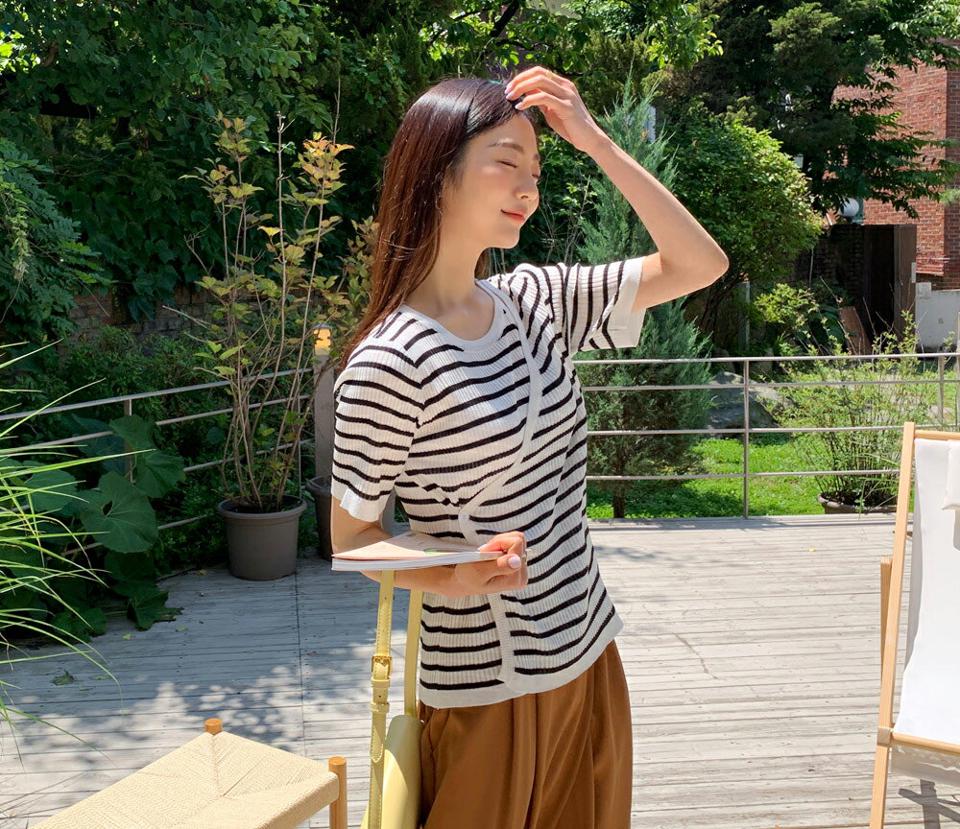 2TYPEラップリブニット・全4色・t65347 レディース 【tops】 トップス ニット ニットトップス 半袖 ハーフスリーブ ラップデザイン ボーダー柄 単色 無地 シンプル リブ カジュアル 春 夏 韓国 ファッション