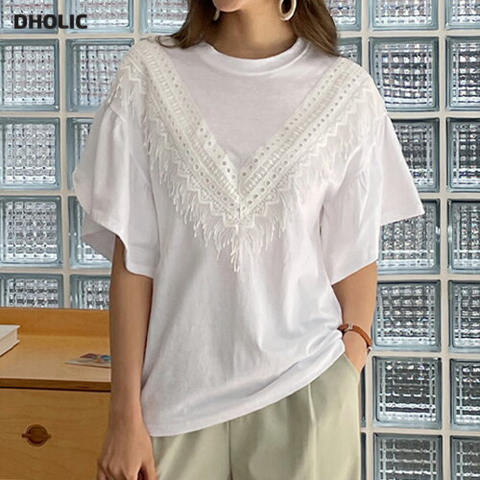 フリンジレースポイントTシャツ・全2色・t68902 レディース 【tops】 トップス Tシャツ 半袖 ハーフスリーブ フレアスリーブ フリンジ レース カジュアル 大人 春 夏 韓国 ファッション ハイホリHIHOLLI