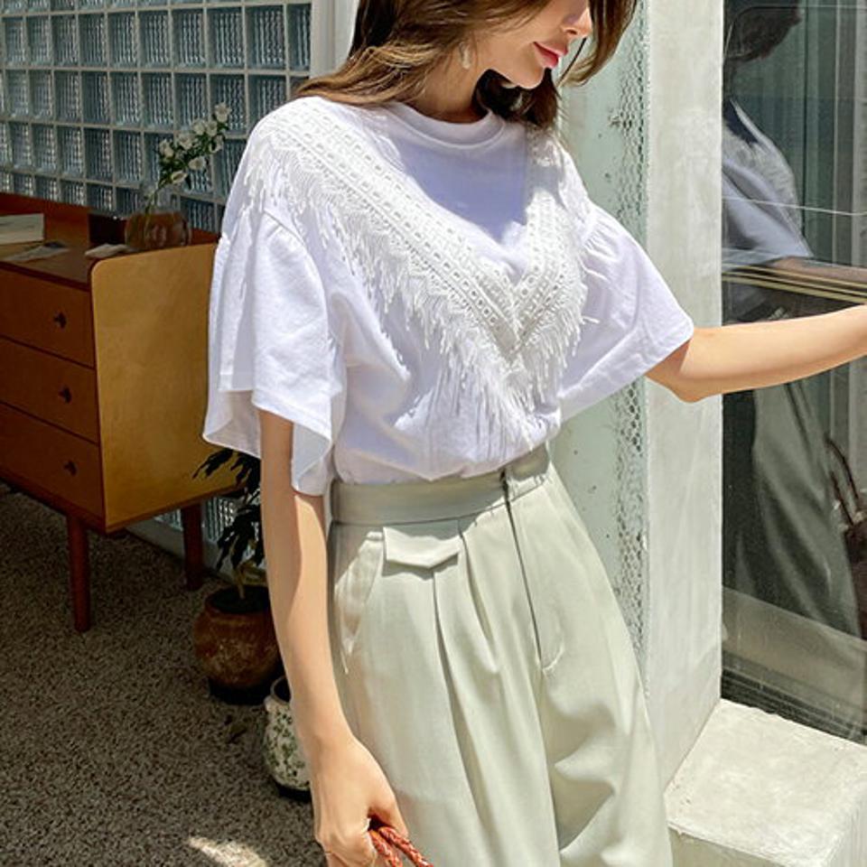 フリンジレースポイントTシャツ・全2色・t68902 レディース 【tops】 トップス Tシャツ 半袖 ハーフスリーブ フレアスリーブ フリンジ レース カジュアル 大人 春 夏 韓国 ファッション ハイホリHIHOLLI