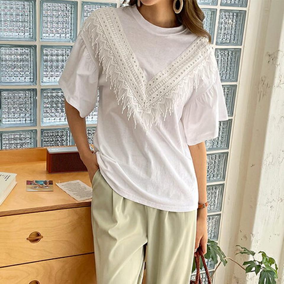 フリンジレースポイントTシャツ・全2色・t68902 レディース 【tops】 トップス Tシャツ 半袖 ハーフスリーブ フレアスリーブ フリンジ レース カジュアル 大人 春 夏 韓国 ファッション ハイホリHIHOLLI