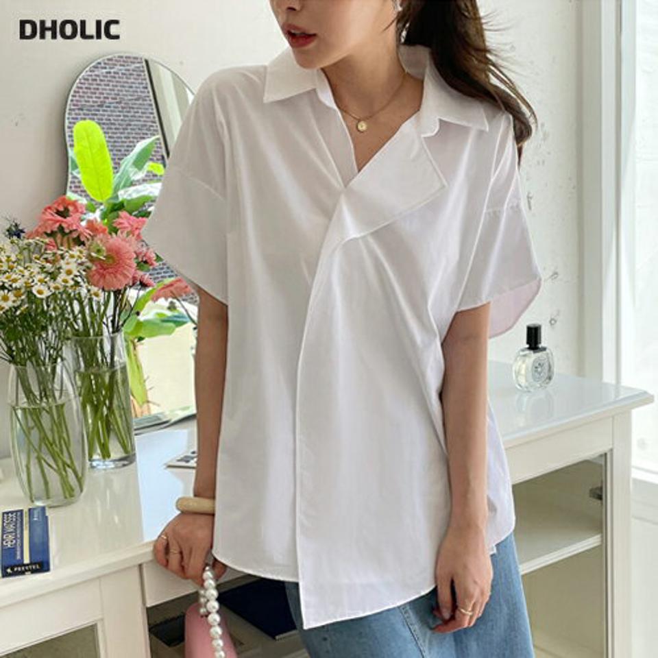 ルーズカラーブラウス・全3色・b68898 レディース 【bl】 トップス ブラウス 半袖 ハーフスリーブ 単色 無地 シンプル 大人 ユニーク ルーズ 春 夏 韓国 ファッション ハイホリHIHOLLI