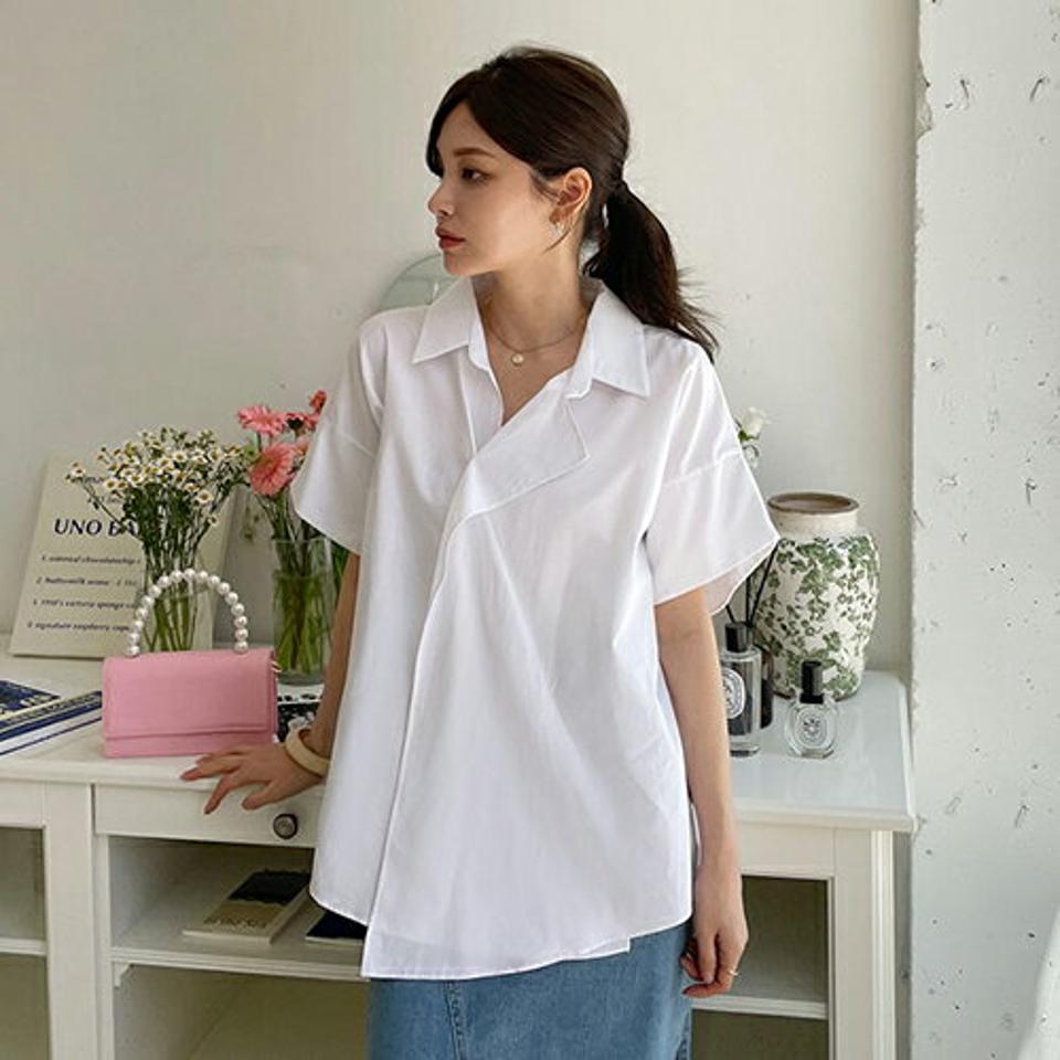 ルーズカラーブラウス・全3色・b68898 レディース 【bl】 トップス ブラウス 半袖 ハーフスリーブ 単色 無地 シンプル 大人 ユニーク ルーズ 春 夏 韓国 ファッション ハイホリHIHOLLI