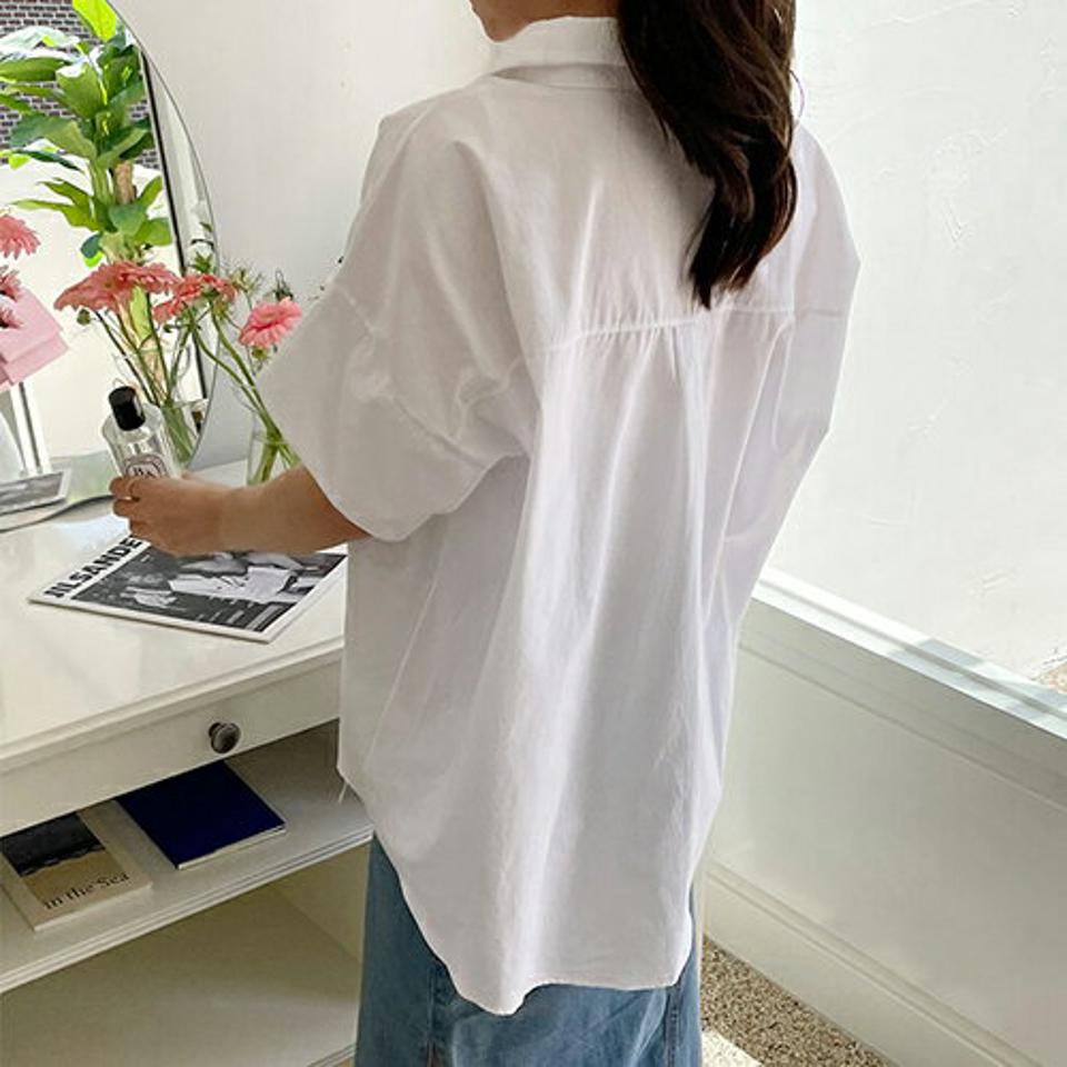 ルーズカラーブラウス・全3色・b68898 レディース 【bl】 トップス ブラウス 半袖 ハーフスリーブ 単色 無地 シンプル 大人 ユニーク ルーズ 春 夏 韓国 ファッション ハイホリHIHOLLI